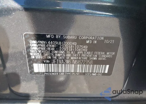 2021 Subaru Wrx Sti Limited z USA, uszkodzony, nr VIN JF1VA2W67M9822358